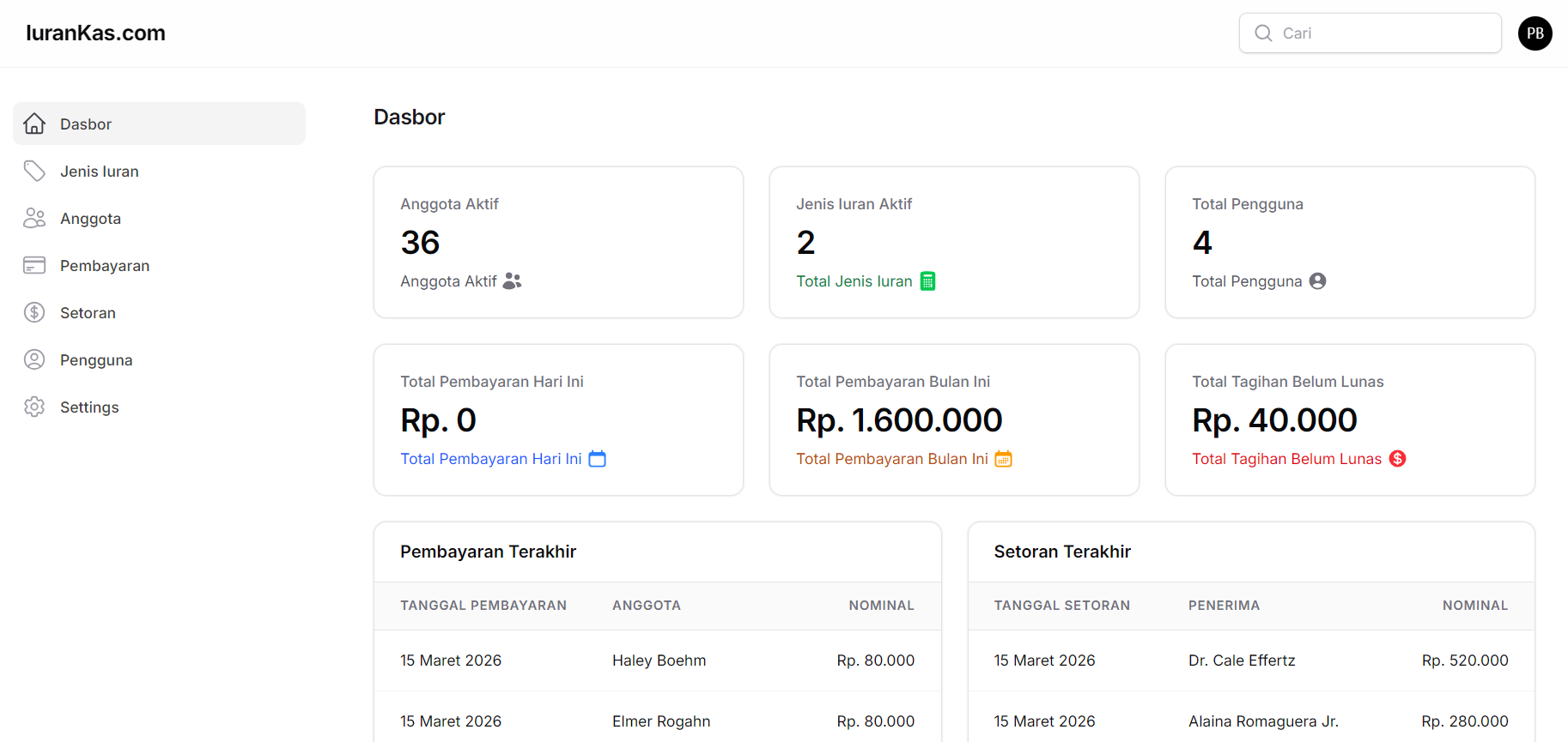 IuranKas Dashboard - Tampilan aplikasi manajemen iuran warga digital untuk RT/RW dengan fitur pengelolaan data warga, tagihan otomatis per bulan, dan laporan keuangan instan